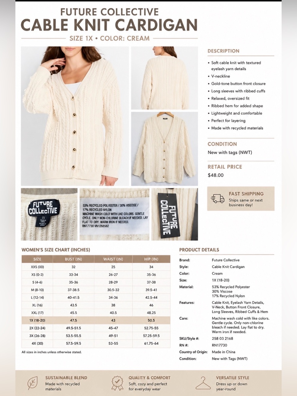 Future Collective Cable Knit Cardigan Sweater – 1X – NWT – Cream